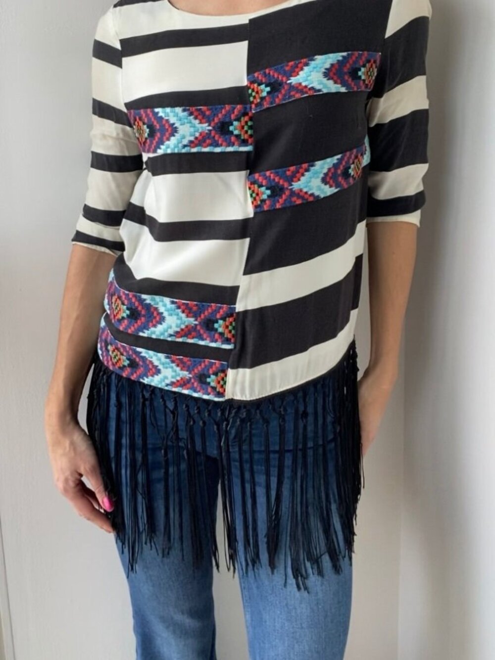 Anthropologie Fringe Embroidered- Striped- 3/4 Sleeve Top- Size XS Petite Fit